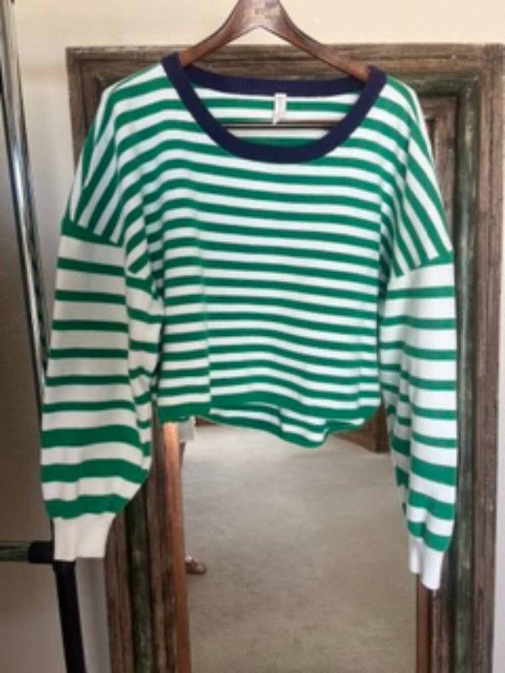 Anthropology Daily Practice XL Green and White Striped Cropped Sweater